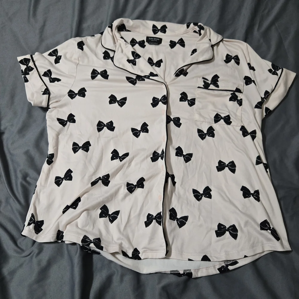 Kate Spade New York Womens Pajama Shirt Top XL Short Sleeve Bows cream Black